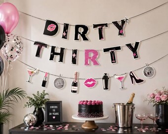 Dirty Thirty Birthday Banner, 30th Birthday Decorations for Her, Pink Black Party Decor, Cheers to 30, Adult Birthday Banner