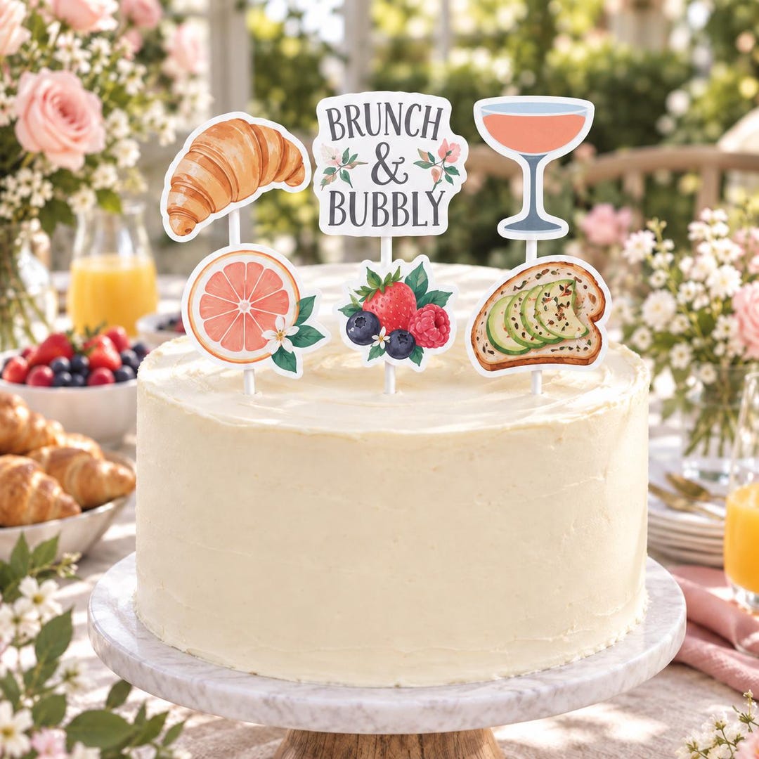 Brunch and Bubbly Cake Topper Set, Bridal Shower Brunch, 6 Cardstock