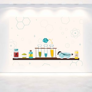 May include: A white background with blue and green geometric shapes. A shelf with four test tubes filled with yellow and blue liquids, two bottles with labels, a small jar, and safety goggles.