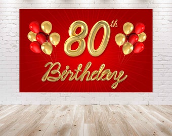 7X5FT 80 Years Red and Gold Birthday Backdrop | 80th Birthday Background for Theme Party Decorations | Eighty Birthday Photo Poster