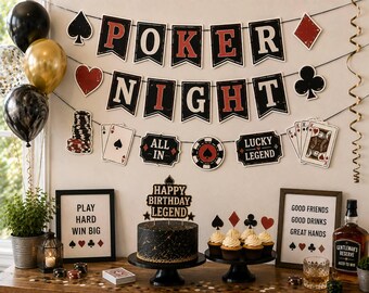 Poker Night Banner, Casino Birthday Party Decorations, Playing Cards Party Decor, Black Red Poker Birthday Banner for Him