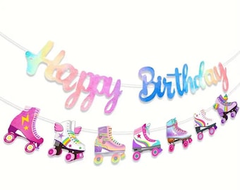 Neon Rainbow Roller Skate Happy Birthday Banner: Retro Party Decoration
