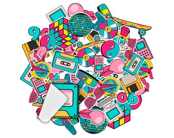 May include: A colorful collage of retro 90s icons, including a cassette tape, a boombox, a floppy disk, a game cartridge, a cell phone, a skateboard, a yin yang symbol, a disco ball, and a Rubik's cube.