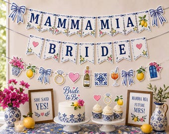Mamma Mia Bride Banner, Mediterranean Bridal Shower Decor, Lemon Bridal Party Decorations, Blue Bow Bride to Be Banner