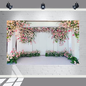 7X5FT White and Pink Mixed Flowers Wedding, Bridal, Birthday Backdrop | Flowers Background for Any Occasion| Floral Photo Wall Poster