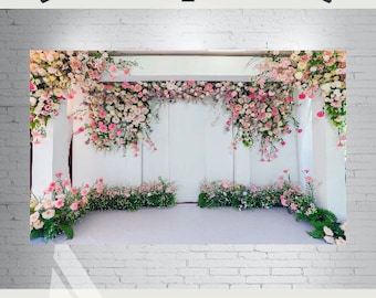 7X5FT White and Pink Mixed Flowers Wedding, Bridal, Birthday Backdrop | Flowers Background for Any Occasion| Floral Photo Wall Poster