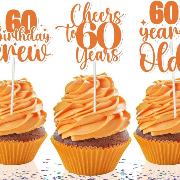 60th Birthday Orange Cupcake Toppers - Set of 10 Vibrant Party Decorations