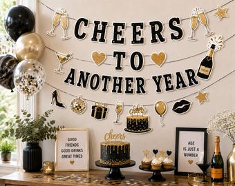 Cheers to Another Year Banner, Black Gold Birthday Decorations, Adult Birthday Party Decor, Champagne Birthday Banner