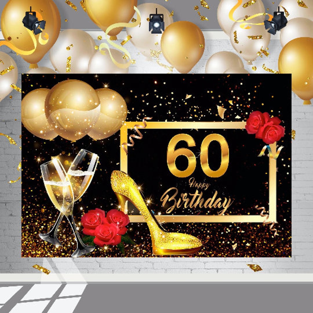 Elegant 60th Birthday Backdrop: Black Gold Party Photo Poster