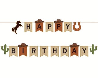 Cowboy Western Birthday Banner – Rustic Burlap-Styled Flags with Classic Cowboy Hats, Horseshoes & Cactus Decorations