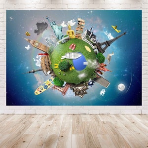 May include: A colorful illustration of a globe with famous landmarks from around the world, including the Eiffel Tower, the Statue of Liberty, Big Ben, and the Colosseum. The globe is surrounded by stars and a blue sky.