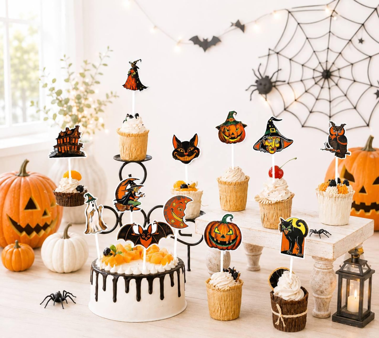 Vintage Character Cutouts on Individual Picks Halloween dessert display with vintage-style cutout witches, cats, pumpkins, bats and ghosts on picks.