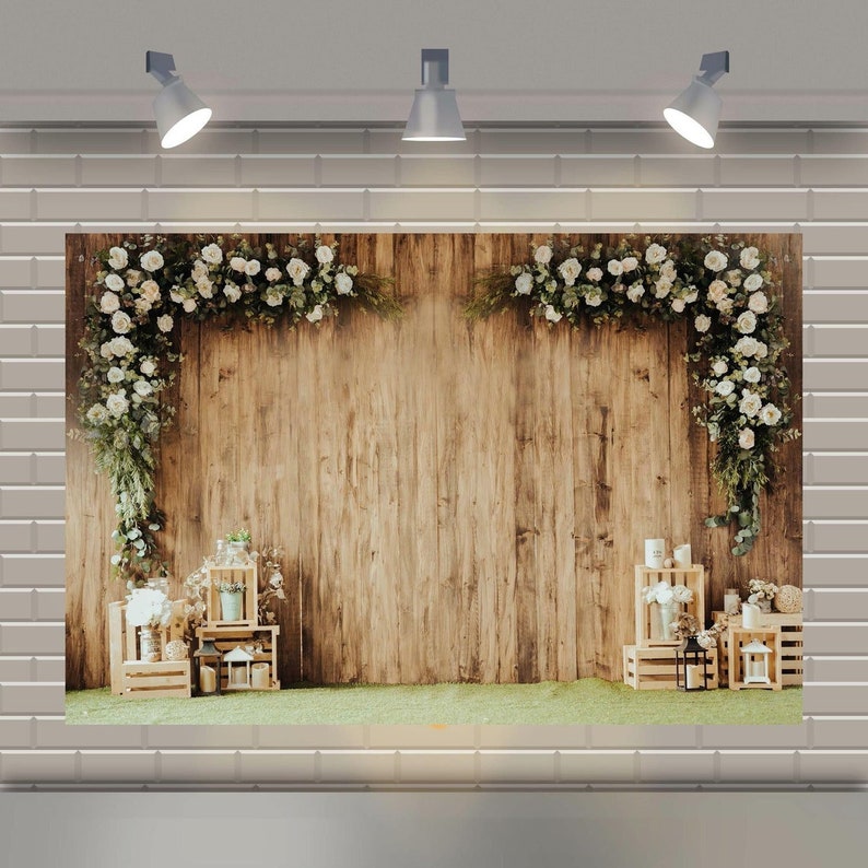 Rustic Party Backdrop 7x5 FT | Wood and Flowers Wedding Birthday ...