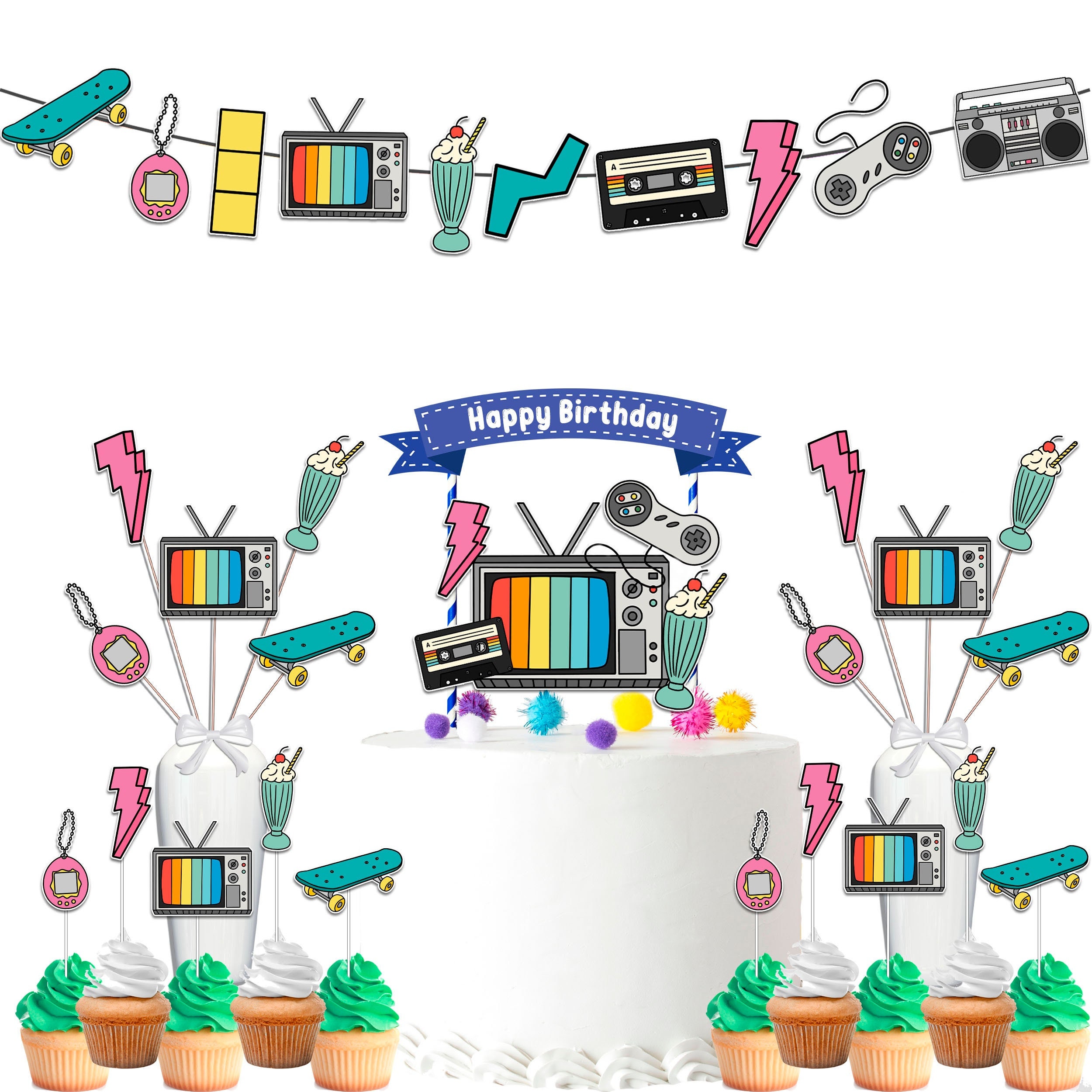 Retro 80s90s Party Decorations Set Back to The 90s Banner Cake Topper Cupcake Toppers Centerpieces