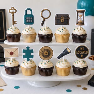 Escape Room Cupcake Toppers, We Escaped Puzzle Party Picks, Teal Gold Adult Mystery Night Paper Set of 10