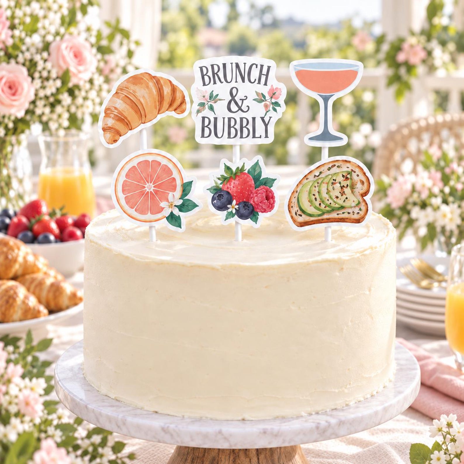 Brunch and Bubbly Cake Topper Set, Bridal Shower Brunch, 6 Cardstock