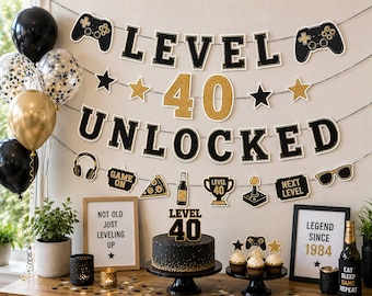 Level 40 Unlocked Banner, 40th Birthday Decorations, Gamer Birthday Party Decor, Black Gold 40th Birthday Banner