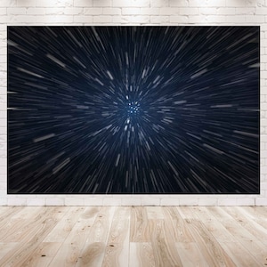 May include: Abstract digital art print featuring a dark blue background with white streaks of light radiating outward from the center.