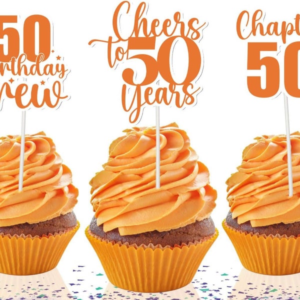 50th Birthday Orange Cupcake Toppers - Set of 10, Vibrant Party Decorations