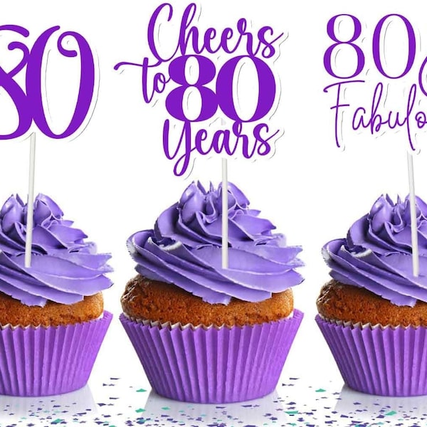 80th Birthday Cupcake Toppers - Set of 10 Purple Party Decorations