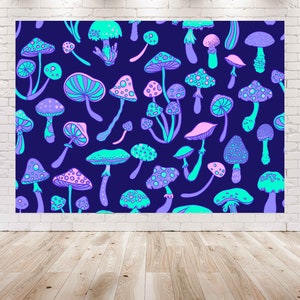 May include: A seamless pattern of colorful mushrooms on a dark blue background. The mushrooms are in various shades of pink, blue, and green with white spots.