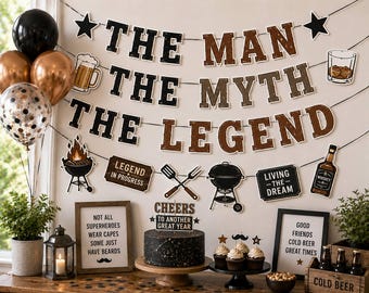The Man The Myth The Legend Banner, Mens Birthday Decorations, BBQ Birthday Party Decor, Whiskey Beer Birthday Banner