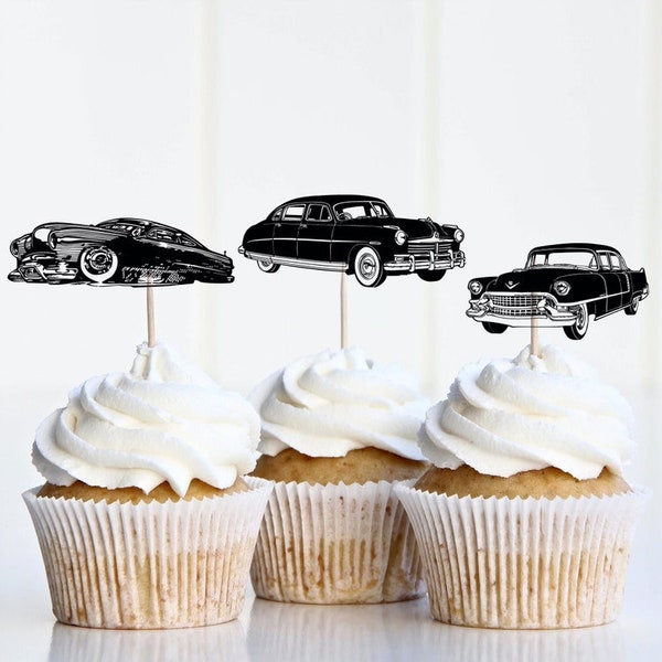 Retro Cars Cupcake Toppers | Vintage Cars Toppers for Birthday Party Decorations | Cars Birthday Party Supplies