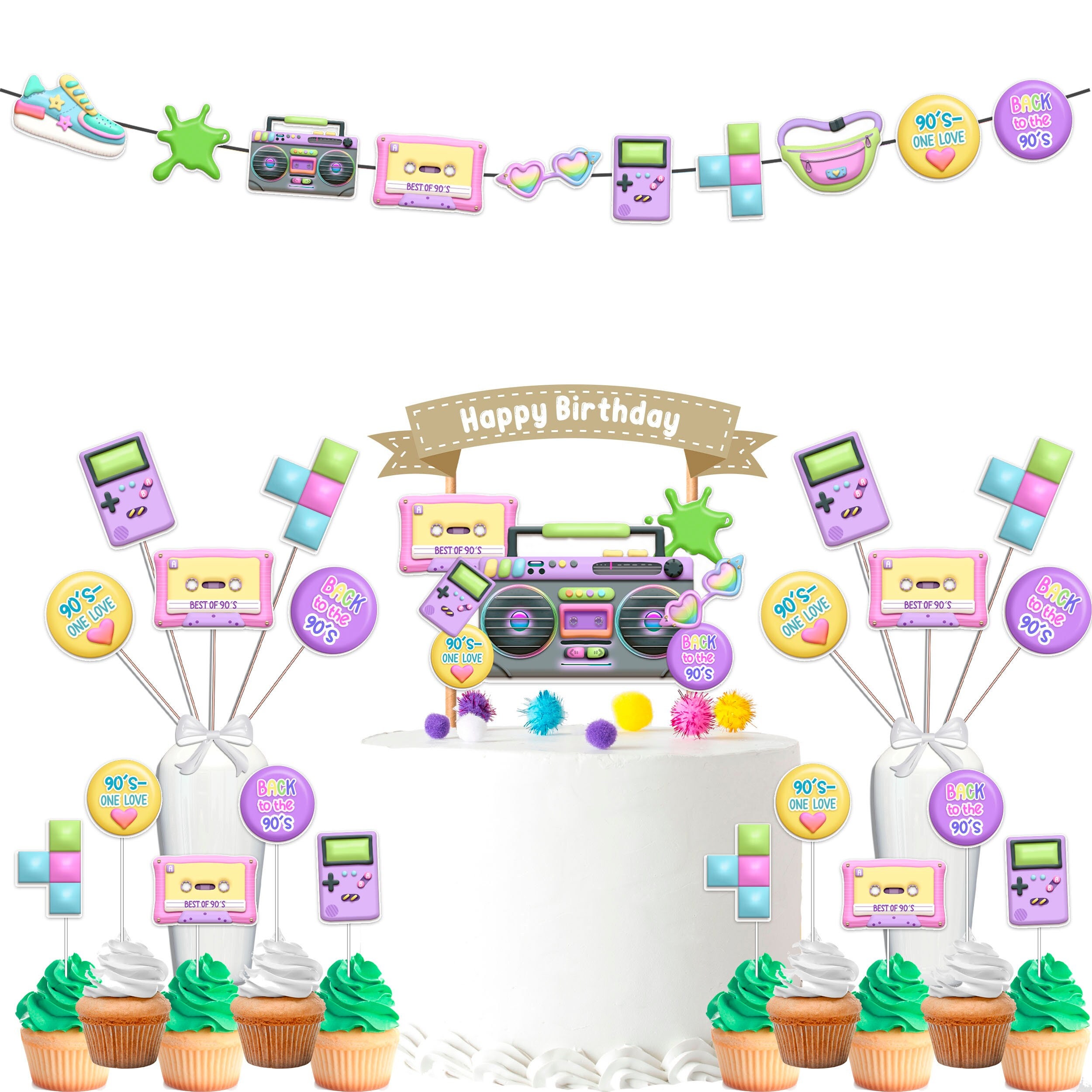 Retro 90s Party Decorations Set Back to The 90s Banner Cake Topper Cupcake Toppers Centerpieces