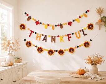 Thankful Banner, Thanksgiving Decorations, Turkey Garland, Friendsgiving Party Decor, Fall Harvest Party Banner, Autumn Decor