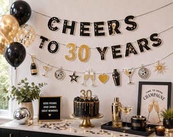 Cheers to 30 Years Banner, 30th Birthday Decorations, Black Gold Birthday Party Decor, Dirty Thirty Party, Milestone Birthday