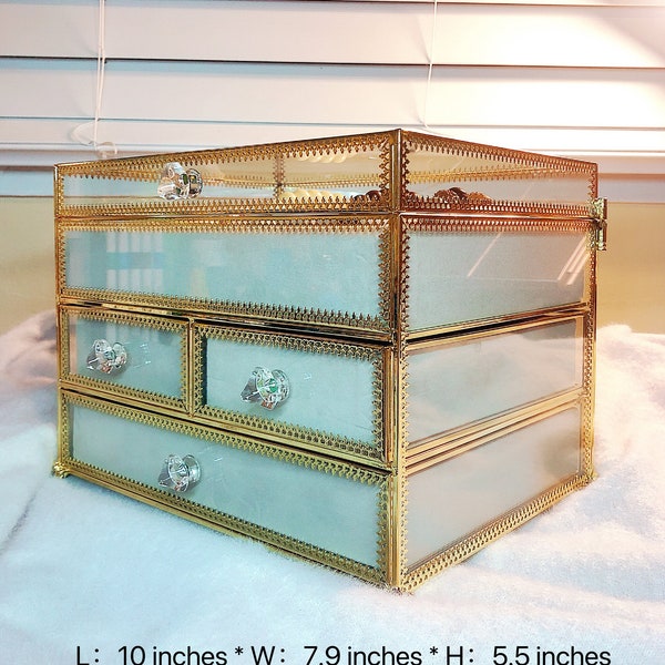 Personalized, jewelry organizer, multiple layers, dustproof, storage box, rectangular, display, vintage, clear glass, luxury, Flannel lining