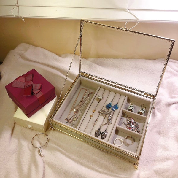 Personalized, jewelry organizer, dustproof, storage box, rectangular, display, vintage, clear glass, ring, retro, luxury, Flannel lining