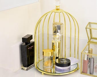 Gold Birdcage Makeup Organizer – Elegant Metal Vanity Storage for Perfume & Cosmetics