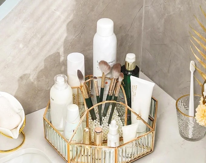 Rotating Makeup Organizer: Water-Ripple Glass Vanity Storage