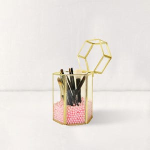 Personalized Makeup Brush Holder, Hexagon Glass Organizer, Bronze Vanity Cup