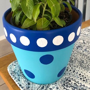 May include: A blue and white polka dot terracotta flower pot with a green plant and red flowers.