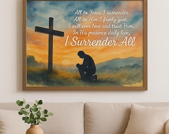I Surrender All Hymn Print: Christian Worship Song Lyrics, Watercolor Sunrise (Digital Download)