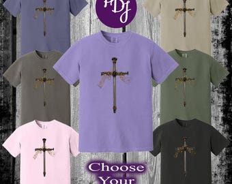 Christian Nail Cross Music Notes Shirt - Garment Dyed Relaxed Fit Jesus Shirt - Faith-Based Worship Graphic T-Shirt