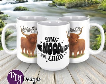 Funny Christian Mug – Highland Cow Coffee Cup – Worship Music Gift – Sing Harmoooniously to the Lord