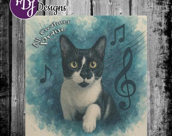 Christian Cat Canvas Print: Psalm 148 Music Notes, Worship Wall Decor (12x12 Gallery Wrap)
