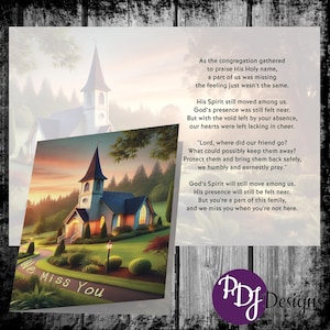 Tarjeta de felicitación "Te extrañamos" - Diseño de iglesia serena, tarjeta de aliento para amigos ausentes, tarjeta cristiana con poema