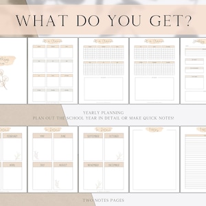 May include: A printable planner with a beige background and brown floral illustrations. The planner includes sections for 'Yearly Review', 'At a Glance', 'In Detail', and 'Notes'. The text 'WHAT DO YOU GET?' is at the top of the page. The text 'YEARLY PLANNING' is in the middle of the page. The text 'PLAN OUT THE SCHOOL YEAR IN DETAIL OR MAKE QUICK NOTES!' is below the text 'YEARLY PLANNING'. The text 'TWO NOTES PAGES' is at the bottom of the page.