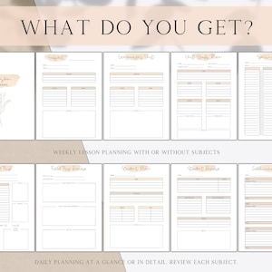 May include: A printable lesson planning template with a beige background and black text. The template includes sections for subjects, language units, unit study plans, spelling lists, field trips, field trip reviews, student plans, student reviews, and curriculum plans.