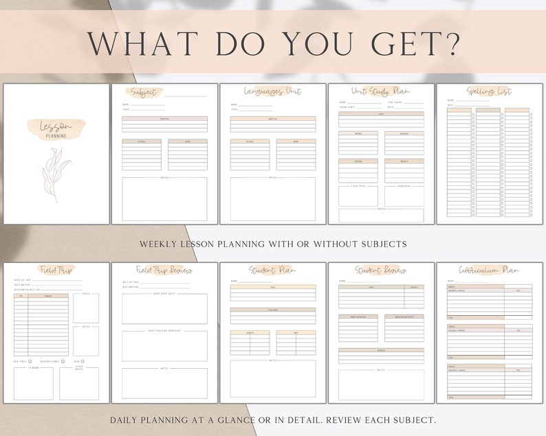 May include: A printable lesson planning template with a beige background and black text. The template includes sections for subjects, language units, unit study plans, spelling lists, field trips, field trip reviews, student plans, student reviews, and curriculum plans.