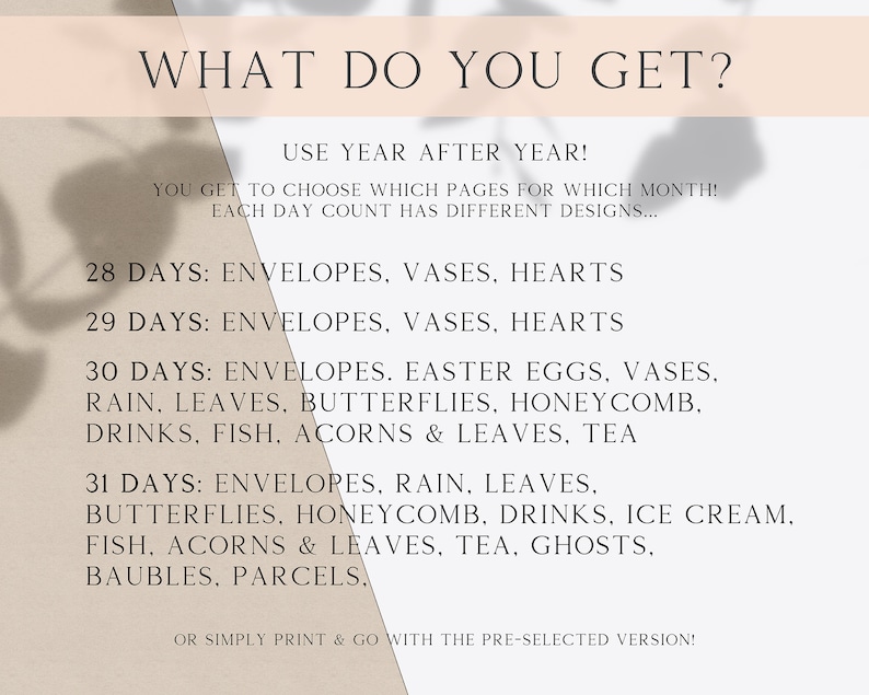 Puede incluir: Un fondo blanco con texto negro que dice "WHAT DO YOU GET?" y "USE YEAR AFTER YEAR!"  El texto contin&uacute;a con "YOU GET TO CHOOSE WHICH PAGES FOR WHICH MONTH! EACH DAY COUNT HAS DIFFERENT DESIGNS..."  El texto luego enumera la cantidad de d&iacute;as en un mes y las diferentes opciones de dise&ntilde;o para cada d&iacute;a.  El texto termina con "OR SIMPLY PRINT & GO WITH THE PRE-SELECTED VERSION!"