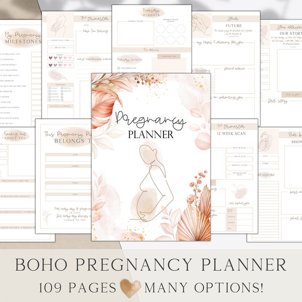 Boho Printable Pregnancy Planner Gravidanza Journal, Baby Memory Book Regalo stampabile, Lista di controllo della borsa dell'ospedale, Calendario del conto alla rovescia della gravidanza