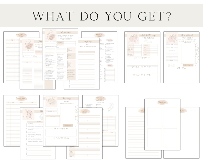 May include: A printable digital planner for pregnancy and new motherhood. The planner includes sections for a birth plan, packing list, hospital bag checklist, and more. The planner features a delicate floral design with a watercolor effect.