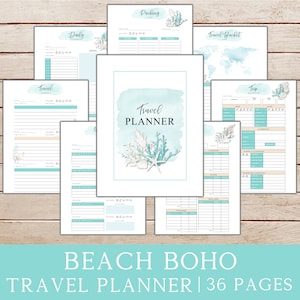 May include: A printable travel planner with a beach theme. The cover features a watercolor background with seashells and coral. The planner includes pages for packing lists, daily itineraries, travel bucket lists, and trip summaries. The text "Travel Planner" is printed in black on the cover.