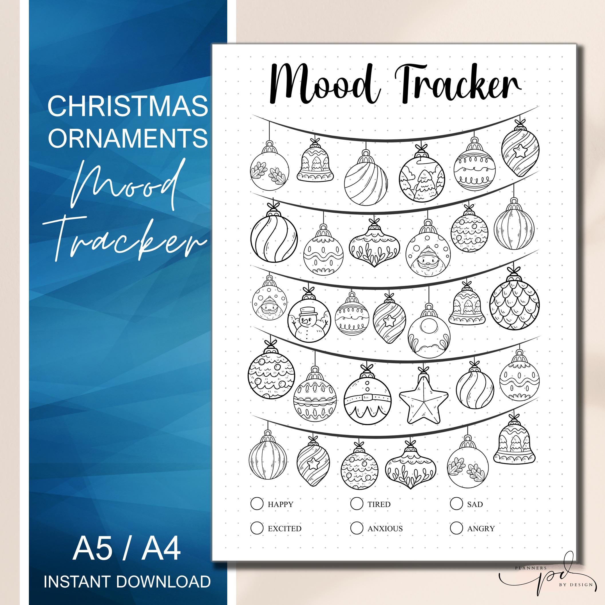 printable christmas bujo mood tracker, christmas ornaments mood