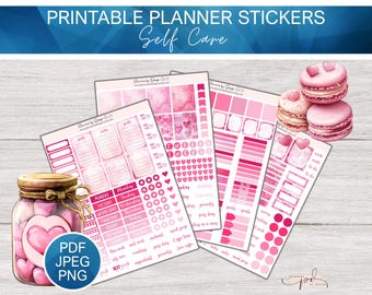 Valentinstag druckbare Planer Aufkleber, Cricut Bujo Aufkleber, druckbare Journal Aufkleber zum Thema Selbstfürsorge, rosa Bullet Journal Sticker Set